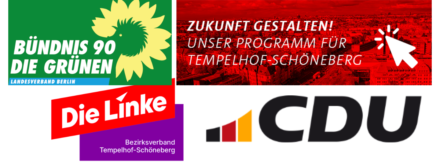 Parteilogos: Reihe oben von links nach rechts: Bündnis 90 / Die Grünen, SPD. Reihe unten von links nach rechts: Die Linke, CDU