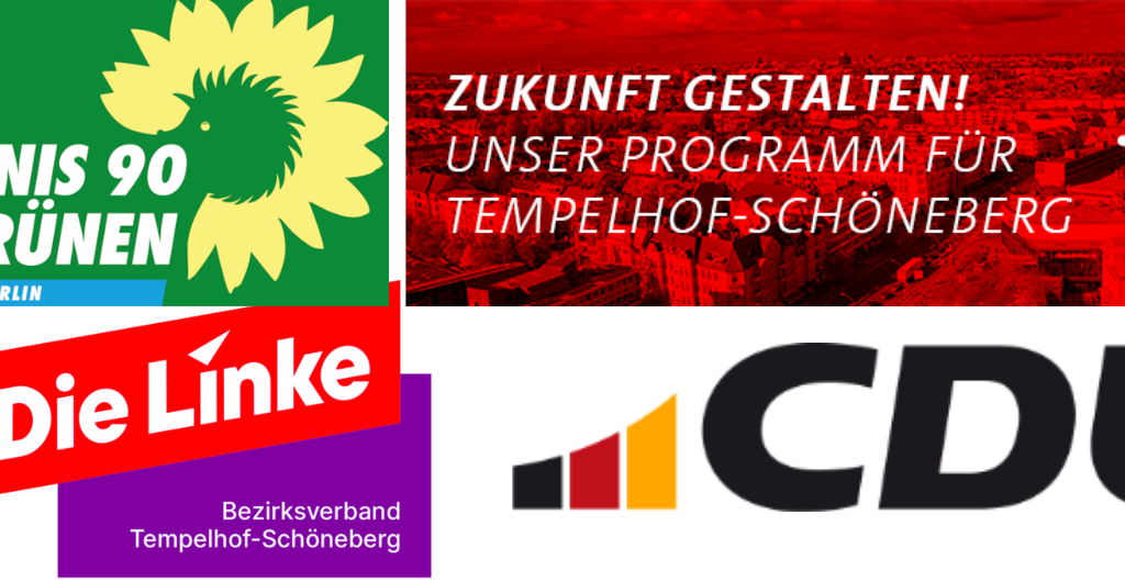 Parteilogos: Reihe oben von links nach rechts: Bündnis 90 / Die Grünen, SPD. Reihe unten von links nach rechts: Die Linke, CDU
