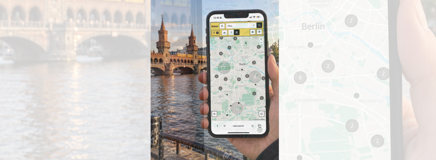 Vor dem Hintergrund der Oberbaumbrücke in Berlin hält eine Hand ein Smartphone, auf dem eine Berlinkarte zu sehen ist. Im oberen Bereich steht auf gelb Hintergrund das Wort Rateo neben mehreren Eingabefeldern und Icons
